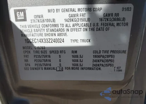 2003 Chevrolet Silverado 1500 from USA, damaged, VIN 1GCEC14X33Z240024